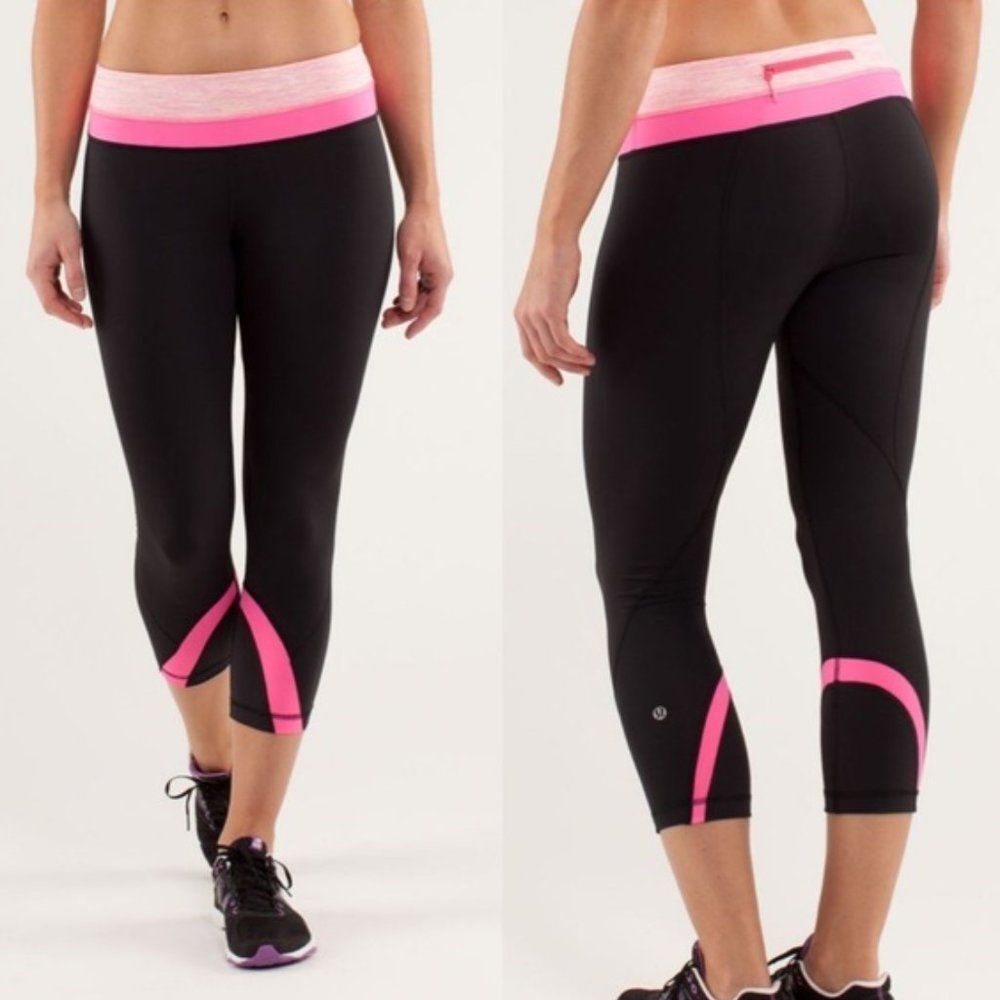 Lululemon Run Inspire Crop II Black / Parfait Pink Size 4